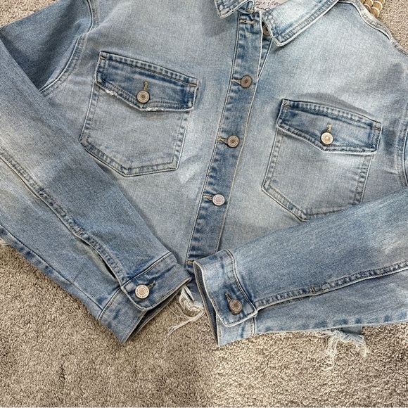 KanCan Jean Jacket Longsleeve Cropped Plaid Details Aligyn Frayed Hem Blue S - Picture 5 of 16